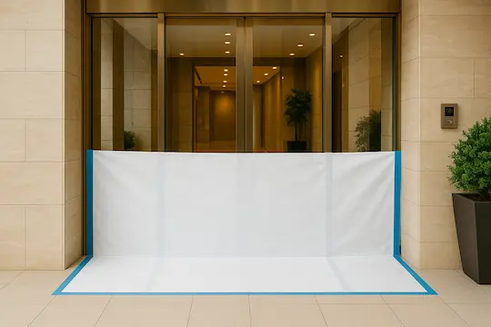 マンションのエントランスに設置した台風防水シート