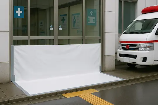 病院のエントランスで活躍する台風防水シート